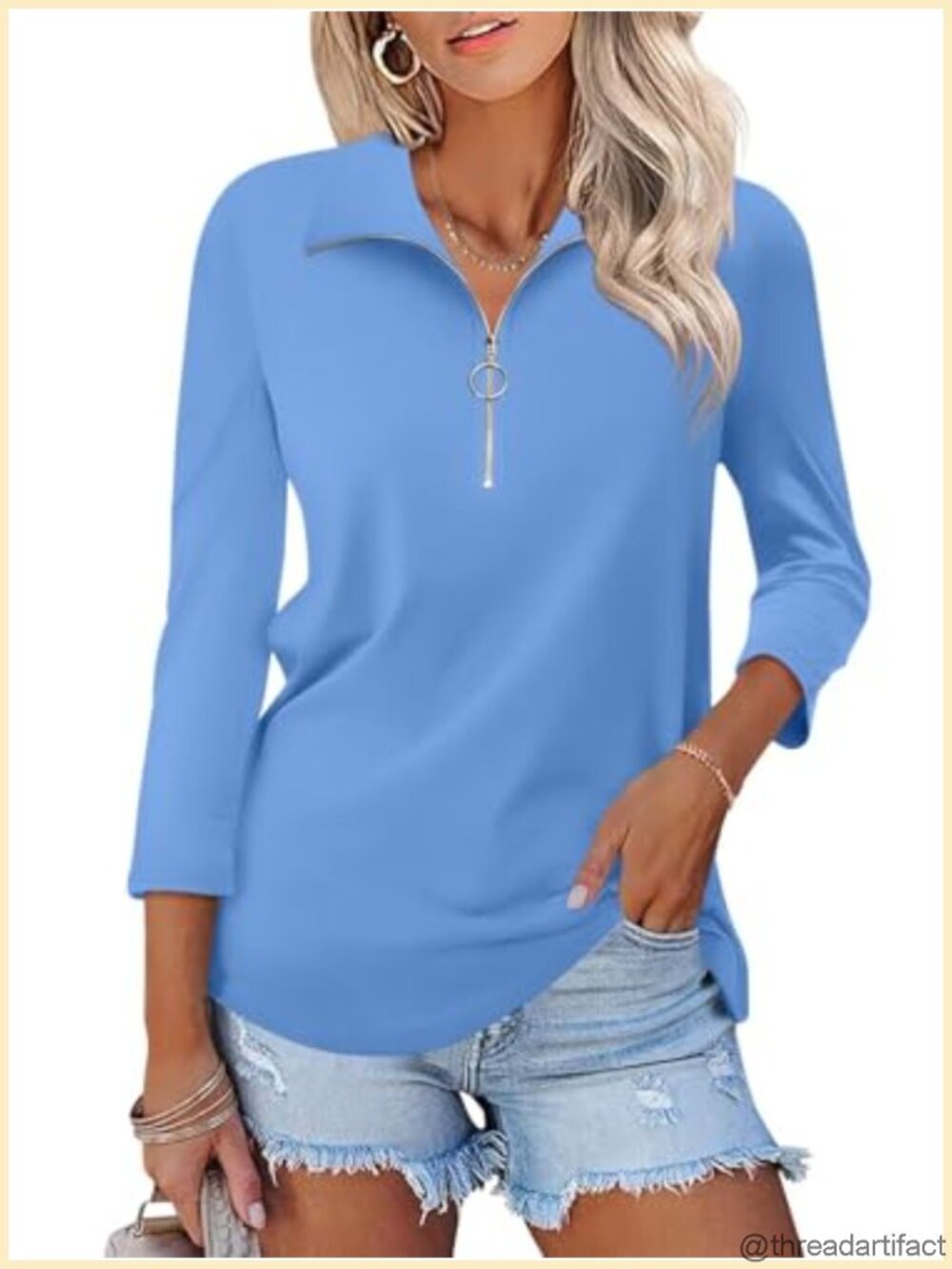 Women 3/4 Sleeve Collared Zip Polo Shirt V Neck Casual Top